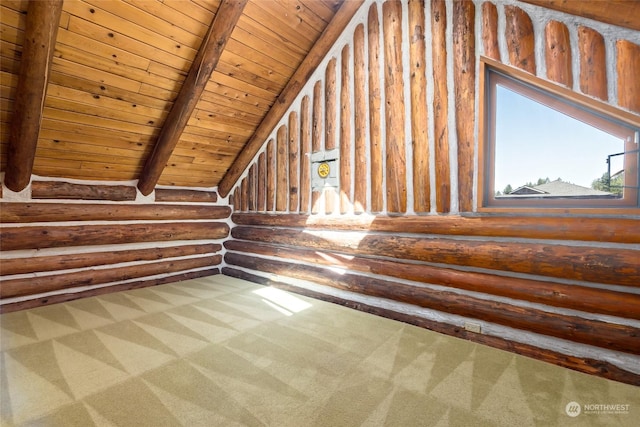 bonus room featuring carpet, beam ceiling, wooden ceiling, and log walls