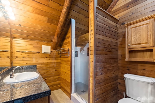 bathroom featuring an enclosed shower, vanity, wooden walls, lofted ceiling with beams, and wooden ceiling