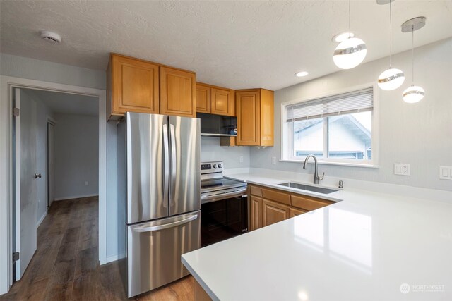 kitchen featuring dark wood-type flooring, sink, a textured ceiling, appliances with stainless steel finishes, and decorative light fixtures