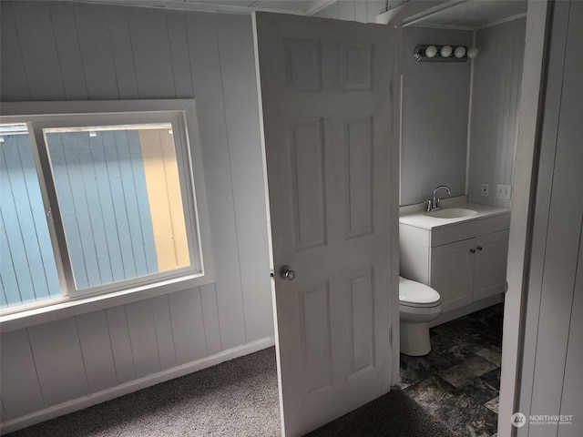 bathroom with wood walls, vanity, and toilet