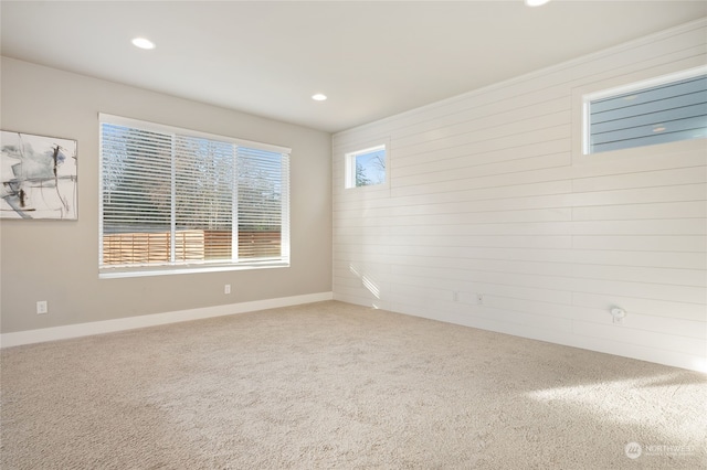 carpeted spare room with wooden walls