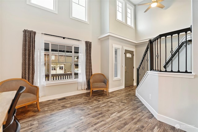 entrance foyer with ceiling fan, hardwood / wood-style floors, and a high ceiling