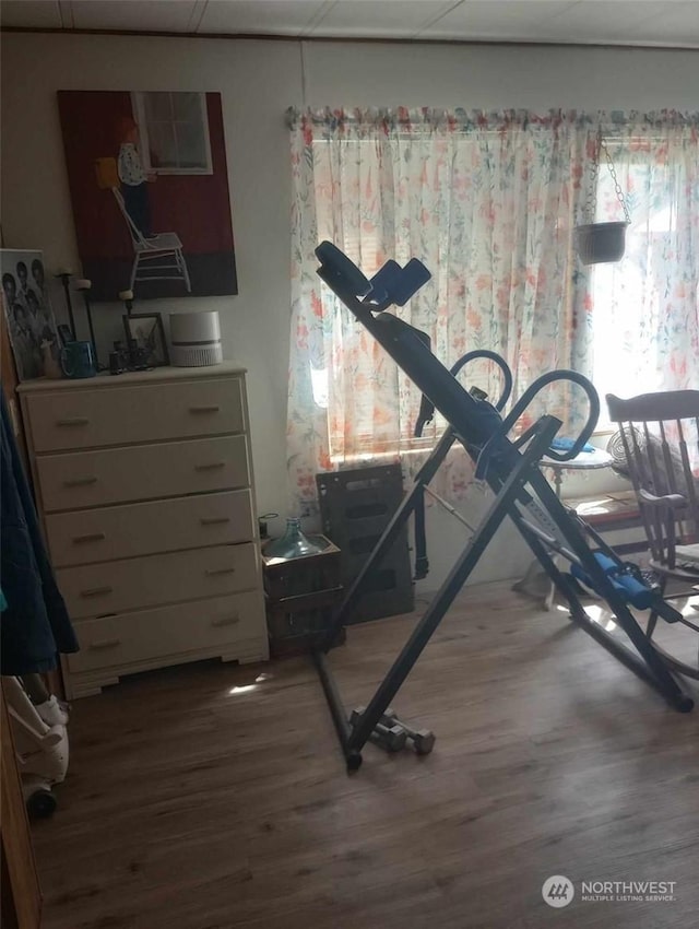 workout area with wood-type flooring