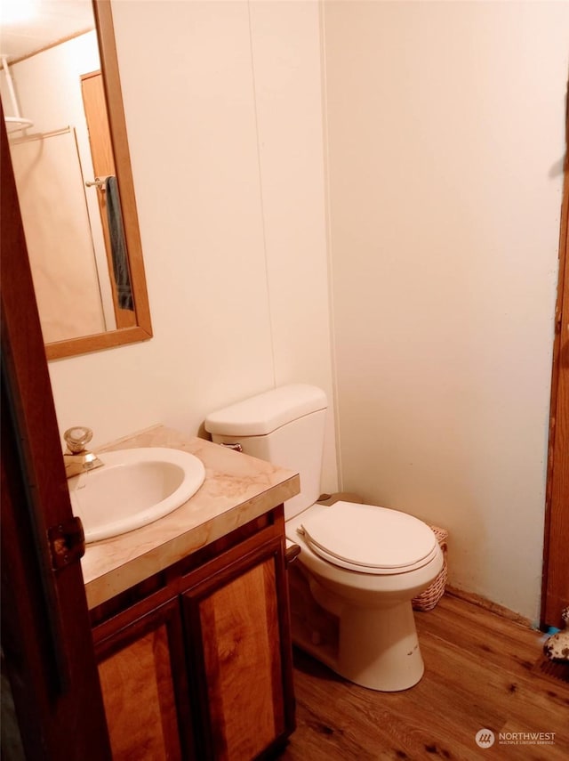 bathroom with hardwood / wood-style flooring, vanity, and toilet