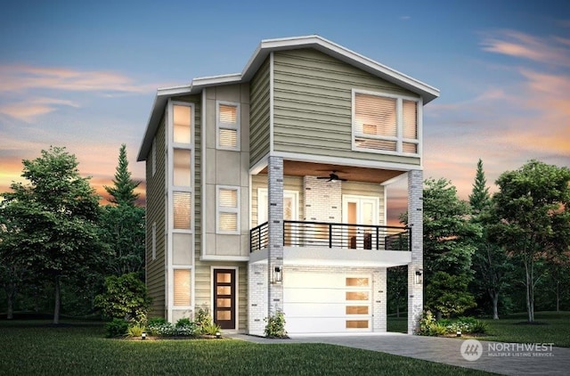 modern home with ceiling fan, a balcony, and a garage