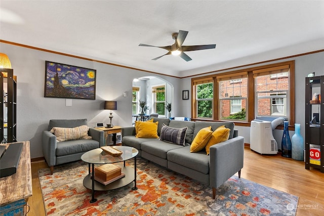 living room featuring light hardwood / wood-style floors, ceiling fan, and ornamental molding