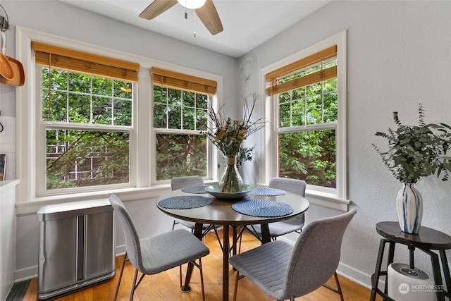 dining area featuring ceiling fan and light wood-type flooring