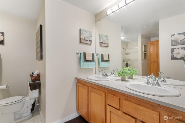 bathroom featuring tile patterned flooring, vanity, toilet, and walk in shower