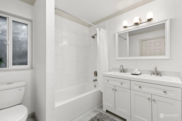 full bathroom featuring shower / tub combo, vanity, toilet, and crown molding