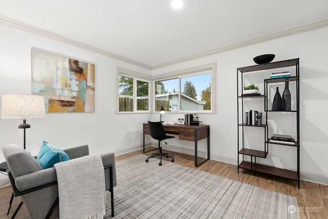 office area with crown molding and hardwood / wood-style flooring