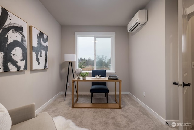 office space with a wall unit AC and light colored carpet