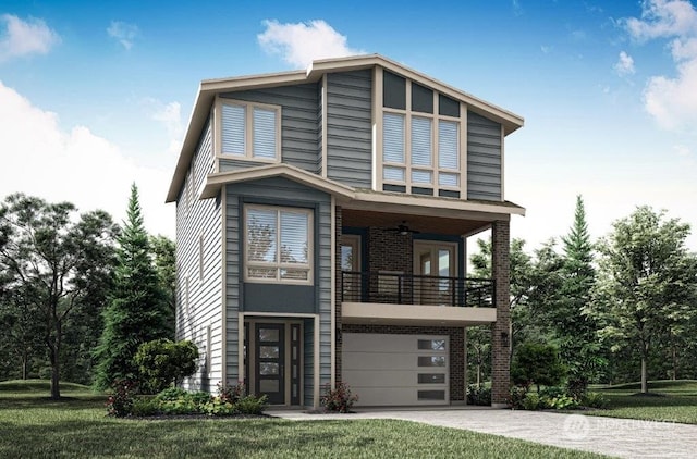 view of front facade featuring a front yard, a balcony, a garage, and ceiling fan