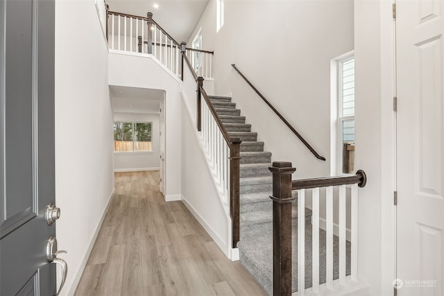 foyer featuring a high ceiling and light hardwood / wood-style floors