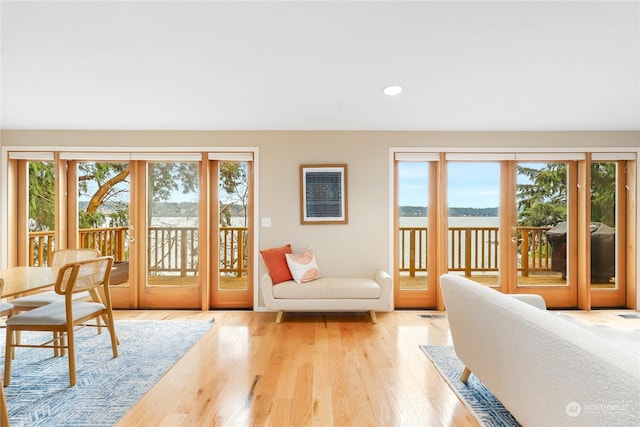 living room with french doors, a wealth of natural light, and light hardwood / wood-style flooring