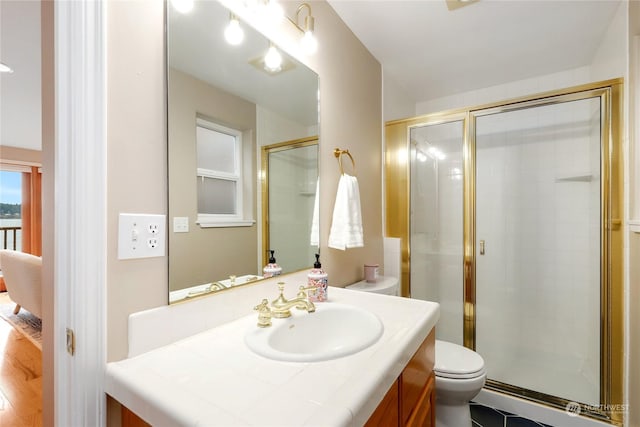 bathroom featuring a shower with door, toilet, and vanity