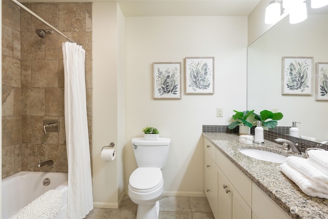 full bathroom featuring vanity, shower / tub combo, tile patterned floors, and toilet