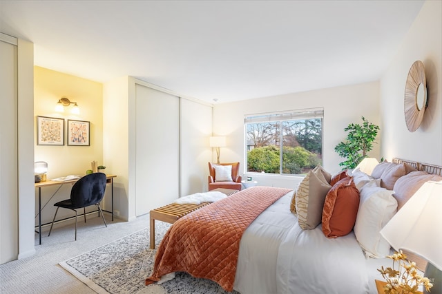 bedroom featuring a closet and light carpet