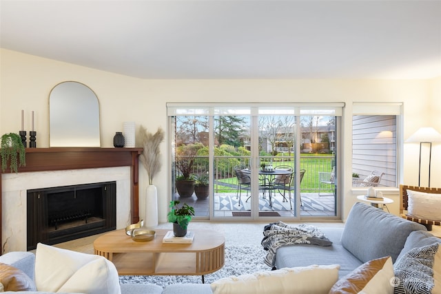 living room with a fireplace