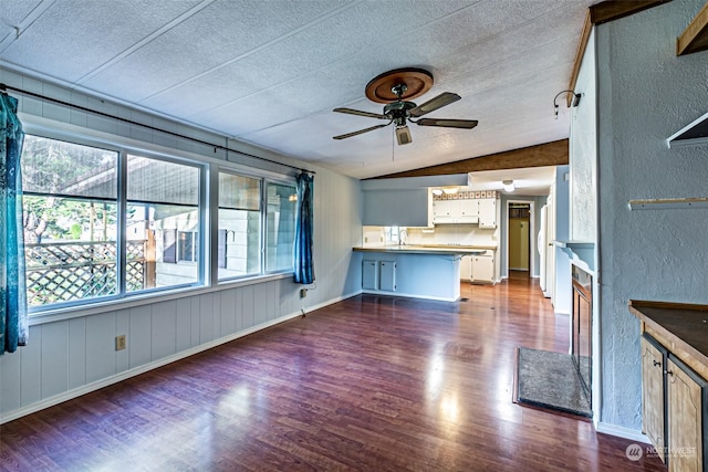 unfurnished living room featuring a textured ceiling, plenty of natural light, dark wood-type flooring, and vaulted ceiling