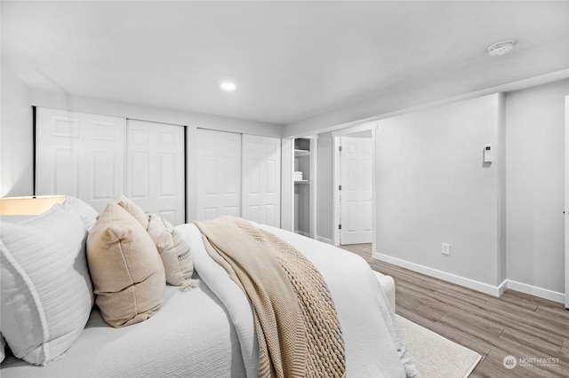 bedroom with hardwood / wood-style flooring and multiple closets