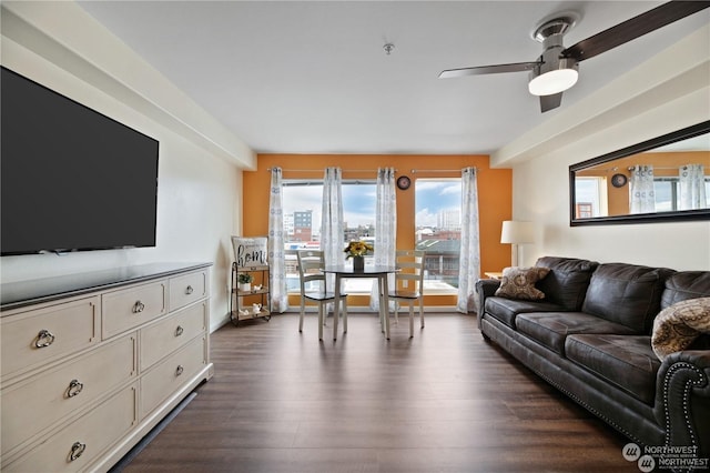 living room with ceiling fan and dark hardwood / wood-style floors