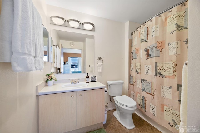 bathroom with tile patterned floors, vanity, toilet, and walk in shower