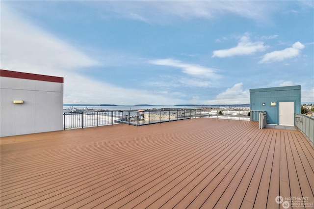 deck featuring a water view