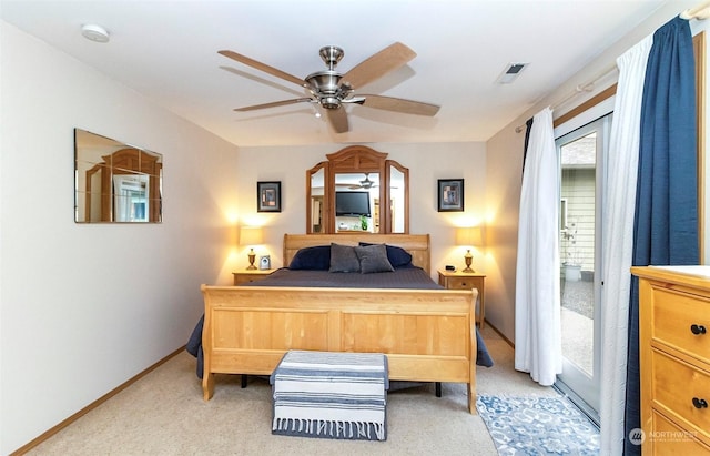 bedroom featuring ceiling fan and light carpet