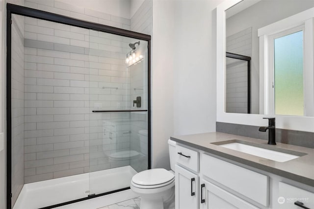 bathroom with vanity, a healthy amount of sunlight, toilet, and walk in shower