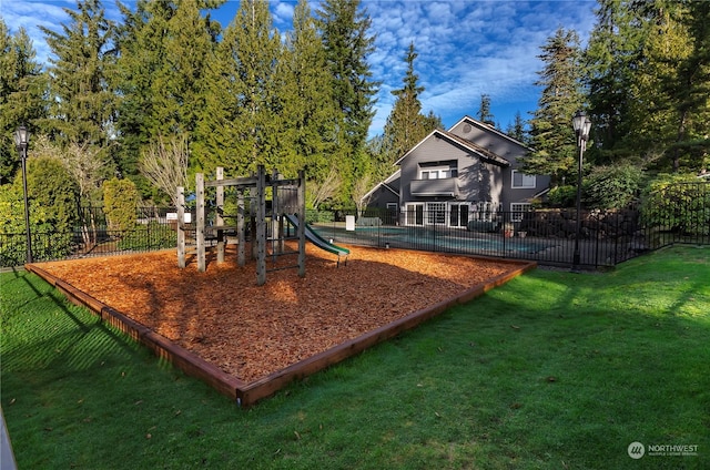 view of playground featuring a yard