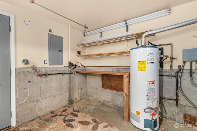 utility room featuring electric panel and water heater