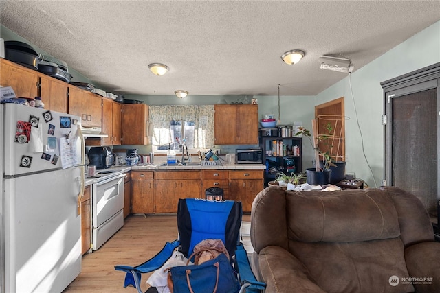 kitchen with light hardwood / wood-style floors, sink, white appliances, and a textured ceiling