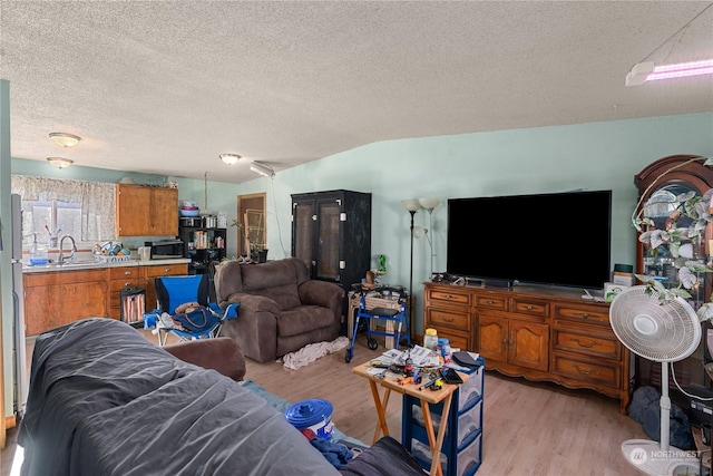 living room with vaulted ceiling, sink, a textured ceiling, and light hardwood / wood-style floors