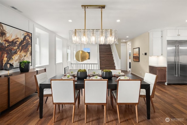 dining area featuring stairway, visible vents, dark wood finished floors, and recessed lighting