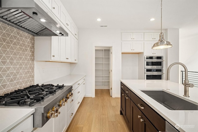 kitchen with sink, hanging light fixtures, light hardwood / wood-style flooring, appliances with stainless steel finishes, and tasteful backsplash