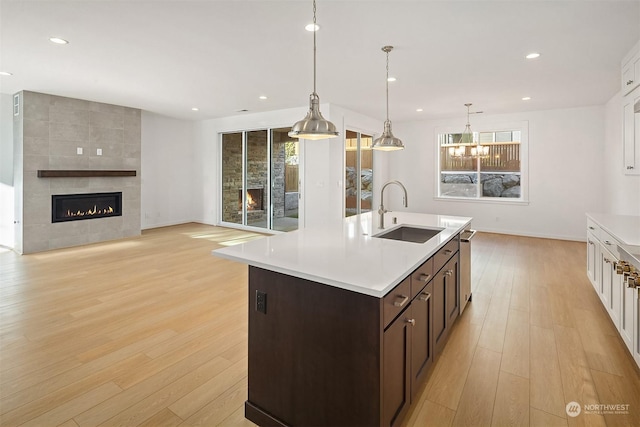 kitchen with pendant lighting, sink, light hardwood / wood-style flooring, dark brown cabinetry, and a tiled fireplace