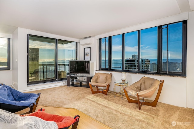 carpeted living room with a wall unit AC, expansive windows, and a healthy amount of sunlight