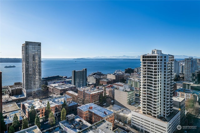 city view with a water and mountain view