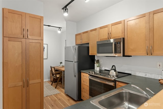 kitchen featuring light wood-type flooring, sink, appliances with stainless steel finishes, and track lighting