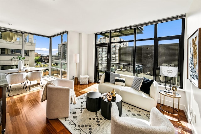 living room featuring a wealth of natural light, wood-type flooring, and a wall of windows