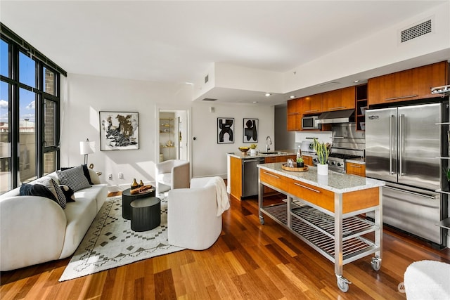 living room with sink and dark wood-type flooring