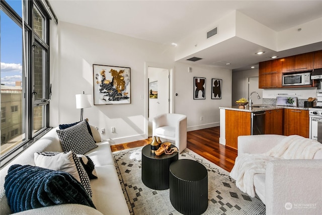 living room with sink and dark hardwood / wood-style floors