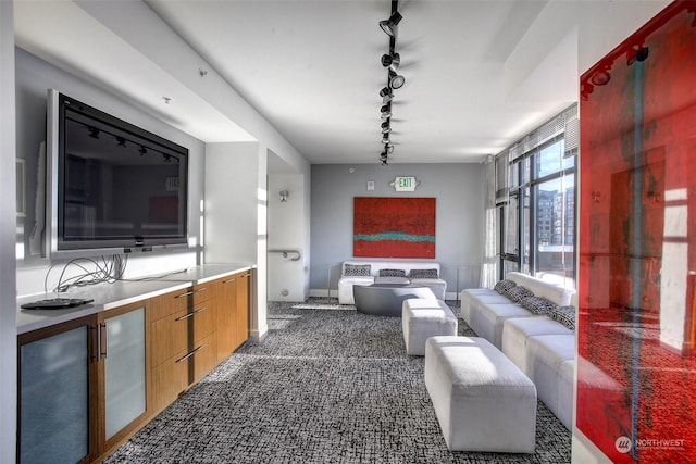 living room featuring rail lighting