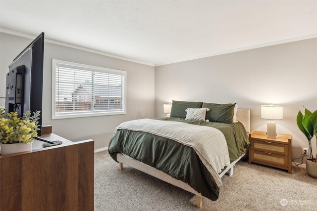 bedroom with light colored carpet and ornamental molding