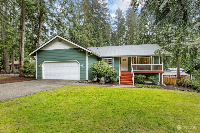 ranch-style home with a porch, a garage, and a front yard