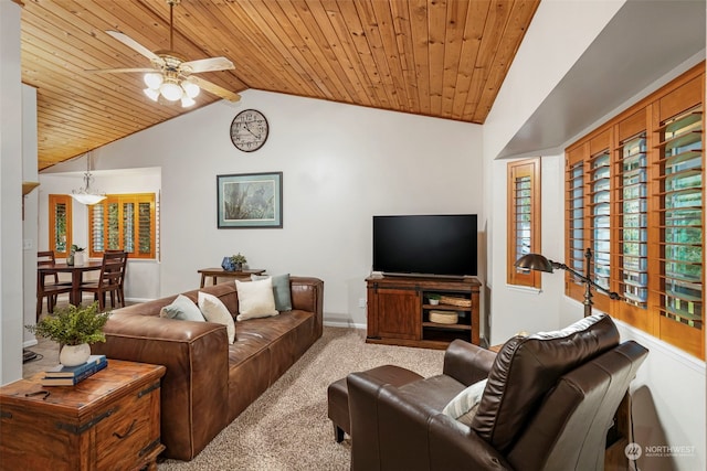 carpeted living room with vaulted ceiling with beams, ceiling fan, and wood ceiling