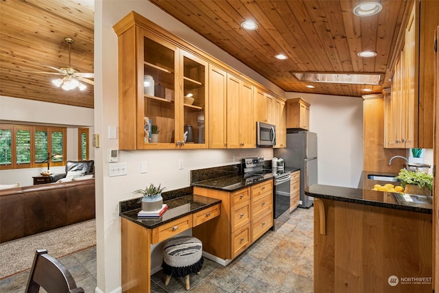 kitchen featuring stainless steel appliances, ceiling fan, sink, wooden ceiling, and dark stone countertops