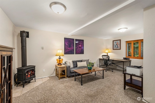 tiled living room featuring a wood stove