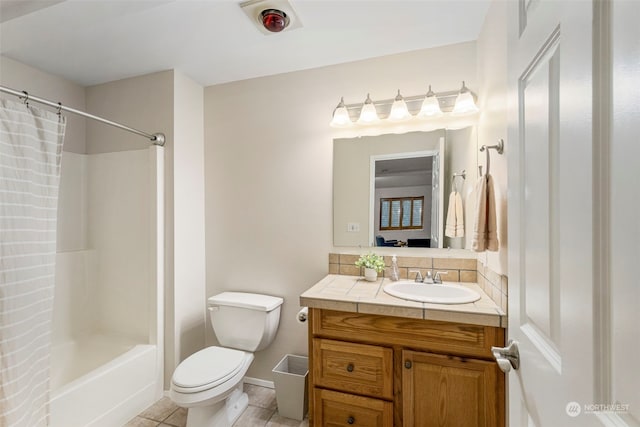 full bathroom featuring vanity, backsplash, tile patterned flooring, toilet, and shower / bath combo with shower curtain