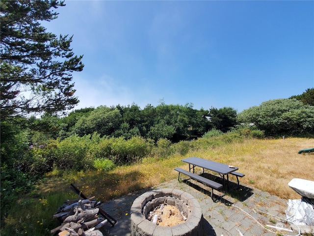 view of community featuring a fire pit